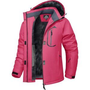 Women's Rose Red Snow Ski Jacket Coat Waterproof Windproof Fleece Lined Pockets
